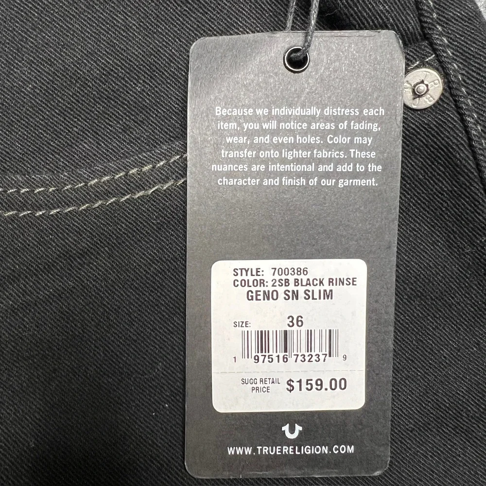 NWT True Religion Mens 36 Geno SN Slim Jeans Black Rinse Green‎ Stitching 700386